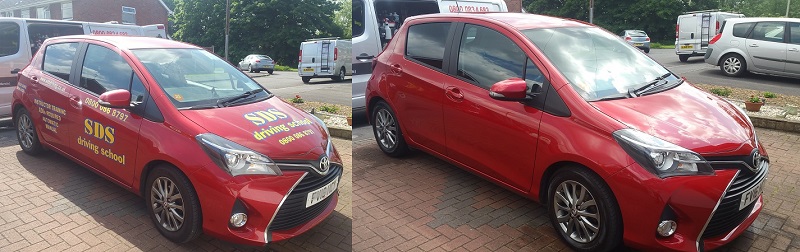 Driving School sign writing graphics and wrap removal